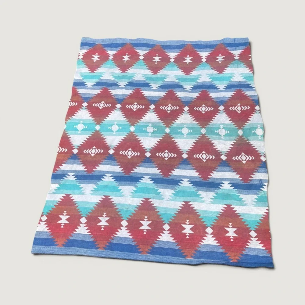 Vintage Aztec Southwestern Fleece Blanket WPL 1675 Blue Red Turquoise 69x87 USA